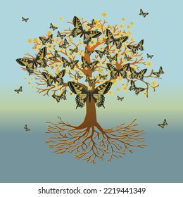 
A tree of life, also called yggdrasil, with swallowtail butterflies in the crown. The roots of the tree are visible.

