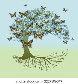 
A tree of life, also called yggdrasil, with swallowtail butterflies in the crown. The tree is moon shaped and had also bluish leafs. The roots of the tree are visible.