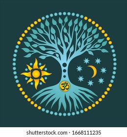 The tree of life in the center of the mandala. Sign om / aum, sun and moon. Spiritual mystical ecological symbol. Vector art graphic.