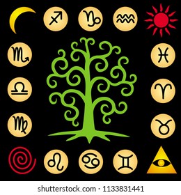 The tree of life is in the center of the square. 12 signs of the zodiac and symbols of the elements along the perimeter. Symbolical picture in vector.