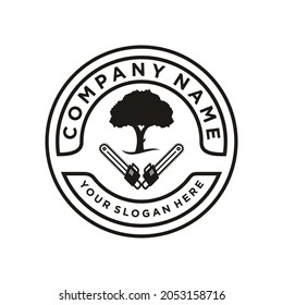 Tree of Life, Chainsaw Stamp Seal Emblem arborist logo design vector