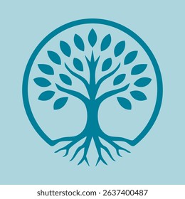 Tree of Life circle blue background. A circular nature symbol with branches, leaves and roots.
