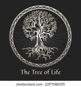 El árbol de la vida en un marco circular Emblema esotérico medieval sobre fondo negro. Ilustración vectorial.