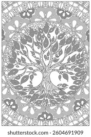 Tree of life coloring page for adult with mandala