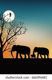Tree of life concept, African grasslands animals elephants family on background of sunrise, silhouette view, vector illustration.