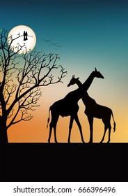 Tree of life concept, African grasslands animals,  giraffes on background of sunrise, silhouette view, vector illustration.