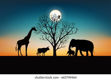 Tree of life concept, The Animals are walking feeding at the tree to live, silhouette view, vector illustration.