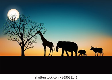 Tree of life concept, Land of Animals, elephants, giraffe, cow silhouette view, vector illustration.