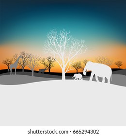Tree of life concept. Land of Animals, elephants, giraffe, cow silhouette view, vector illustration.
