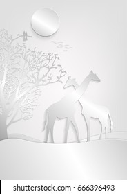 Tree of life concept paper cut style, African grasslands animals giraffes on background of sunrise, vector illustration.