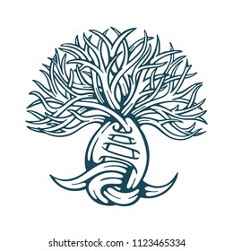 Tree. Life tree concept. Trees with woven roots.
Tree hand drawn illustration. 