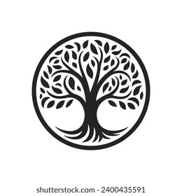 Tree of life emblem. Tree of knowledge symbol. Organic nature icon. Natural plant logo. Vector illustration.