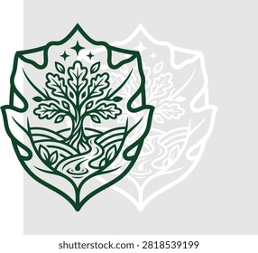 Tree of life emblem within shield, symbolizing strength, growth, and interconnectedness of nature. Intricate design representing natural cycles, spiritual existence, and universal harmony.