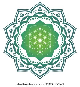 Tree of life and flower of life sacred geometry zentangle inspired design template with oriental tribal ornaments. Psy trance psychedelic style  ornamental new age art.