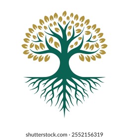 a tree of life with golden leaves and roots forming a cross logo design