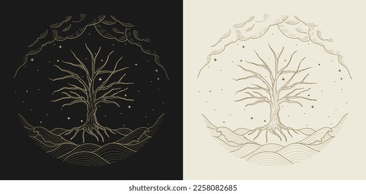 Tree of life golden vintage art illustration