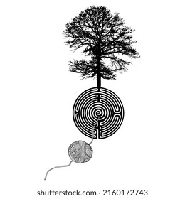 Tree of life growing from a round spiral maze or labyrinth symbol and a yarn ball thread. Creative environmental concept. Black and white silhouette.