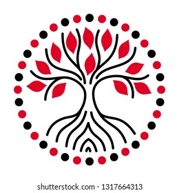 The tree of life in the halo of a mandala of triangles and circles. Character drawing in black and red. Vector graphics.