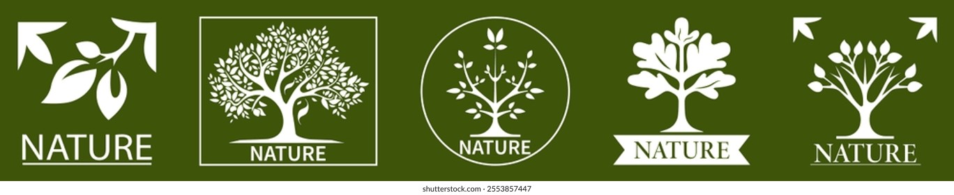 Tree of life icons set. Organic nature symbols. Tree branch with leaves signs. Vector illustration