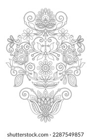 The Tree of Life Inspired by Ukrainian Traditional Embroidery. Ethnic Floral Motif, Handmade Craft Art. Single Design Element. Coloring Book Page. Vector Contour Illustration