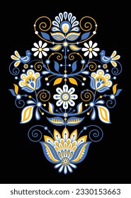 The Tree of Life Inspired by Ukrainian Traditional Embroidery. Ethnic Floral Motif, Handmade Craft Art. Traditional Ukrainian Yellow and Blue Embroidery. Single Design Element. Vector Illustration