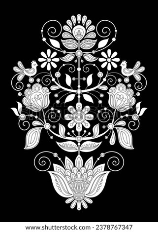 The Tree of Life Inspired by Ukrainian Traditional Embroidery. Ethnic Floral Motif, Handmade Craft Art. Single Design Element. Coloring Book Page. Vector Contour Illustration
