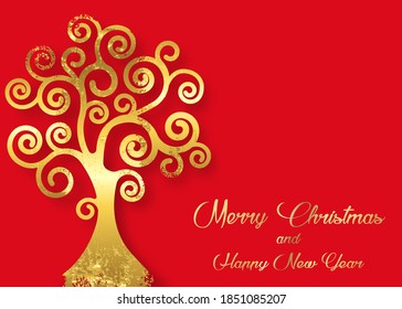 Árbol de vida aislado en el fondo rojo, hoja de oro en estilo art deco. Feliz Navidad y Feliz Año Nuevo, diseño vectorial de árboles lujosos y brillantes para sus vacaciones
