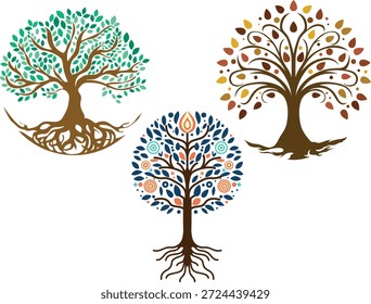 Lebensbaum mit Laubkonzepten, Vektorgrafik eines bunten Baumes mit Wurzeln