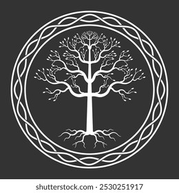 Árbol de la vida con silueta de hojas. Signo de símbolo Yggdrasil. Logotipo del bosque. Imagen de Ilustración vectorial.