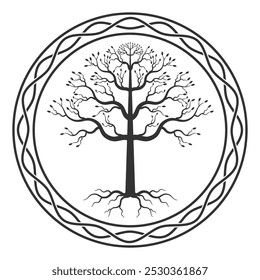 Árbol de la vida con silueta de hojas. Signo de símbolo Yggdrasil. Logotipo del bosque. Imagen de Ilustración vectorial.