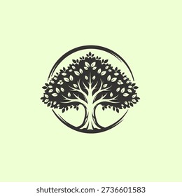 Tree of Life Logo, Black Silhouette Symbolizing Nature, Growth, and Environment, Framed in a Circle on a Light Green Background