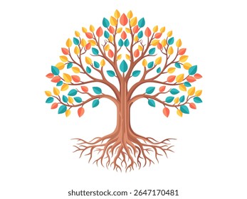 Tree of life logo concept or Tree and roots with leaves colorful look beautiful and refreshing. Tree and roots LOGO style.