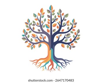 Tree of life logo concept or Tree and roots with leaves colorful look beautiful and refreshing. Tree and roots LOGO style.