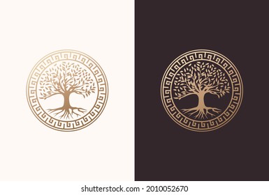 Tree Of Life Logo Design With Circle Greek Element In A Golden Color.