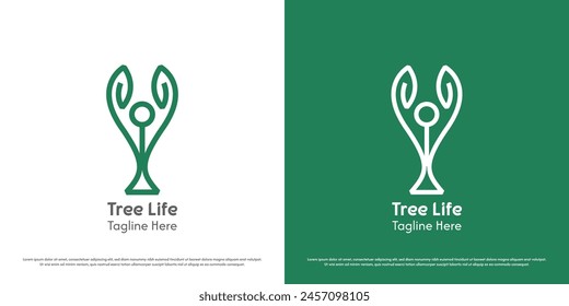 Tree life logo design illustration. Linear silhouette green nature plant flower petal grow seed leaf leaves geometric abstract sprout eco botany bio fresh. Modern minimalist simple icon symbol.