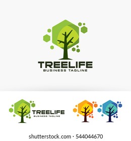 Vida del árbol. Plantilla de logotipo del vector. estudio, hierba, naturaleza, medio ambiente, salud, tecnología, hexágono