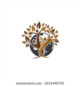 Tree of life logo with human figures forming the trunk, leaves as unity symbols, and globe background. Perfect for wellness, eco-community, or non-profit environmental organizations.