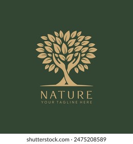 Tree of life logo icons. Organic nature symbols. Tree branch with leaves and two hands signs. Natural plant design elements emblems. Vector illustration.