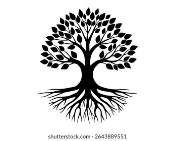 Tree of life logo is represented by this simple yet striking black silhouette, showing a flourishing tree with a full crown of leaves and visible roots, symbolizing vitality and connection.