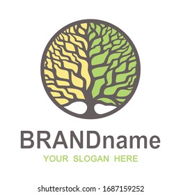 Tree of life logo in a round frame. Two-tone crown of yellow and green colors. Brown branches, trunk, text, words. Icon, sign, symbol, brand identity for agriculture, bio, eco, natural, organic foods.