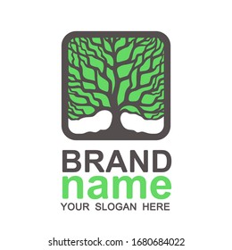 Tree of life logo in a square frame. Thick green crown, brown branches and trunk. Icon, sign, symbol, brand identity for business, cosmetic, products, food, environmental projects. Vector illustration