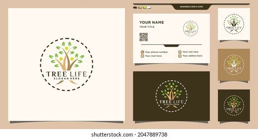 Tree life logo with unique modern concept and business card design Premium Vector