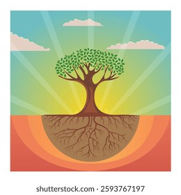 Tree of life with long roots and green leaves.Vector illustration.