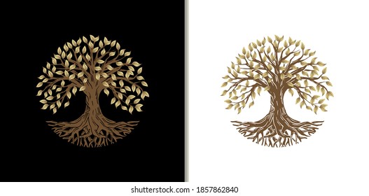 Tree of Life or Luxury Gold Tree and roots vector with round shape.