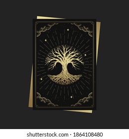 Tree of life. Magic occult tarot cards, Esoteric boho spiritual tarot reader, Magic card astrology, drawing spiritual or meditation posters.