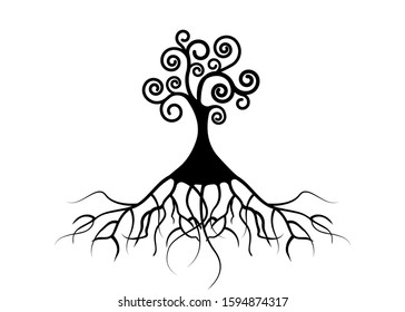 Tree of life, Tree natural logo and black tree ecology illustration symbol icon vector design isolated on white background. abstract blossoming swirl tree