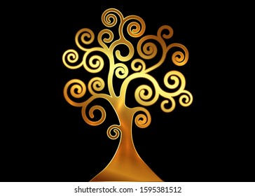 Tree of life, Tree natural logo and gold tree ecology illustration symbol icon vector design isolated on black background. Golden wooden Bio natural ethics concept, abstract blossoming swirl tree