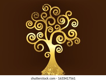 Tree of life, Tree natural logo and golden tree art nouveau style symbol icon vector design isolated on brown background. Gold leaf wooden natural ethics concept, vintage blossoming swirl tree