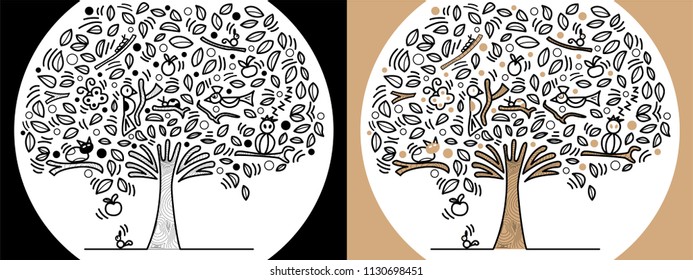 tree life nature doodle cartoon vector duo tone background