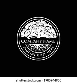 tree of life oak bayan black background vintage rustic stamp or sticker logo design vector illustration